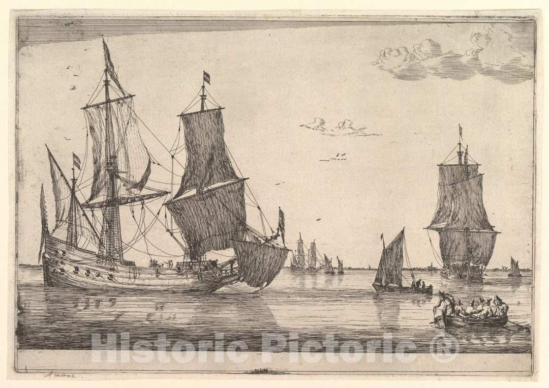 Art Print : Reinier Nooms, Called Zeeman - Large Sailing Vessel and Rowing Boat : Vintage Wall Art