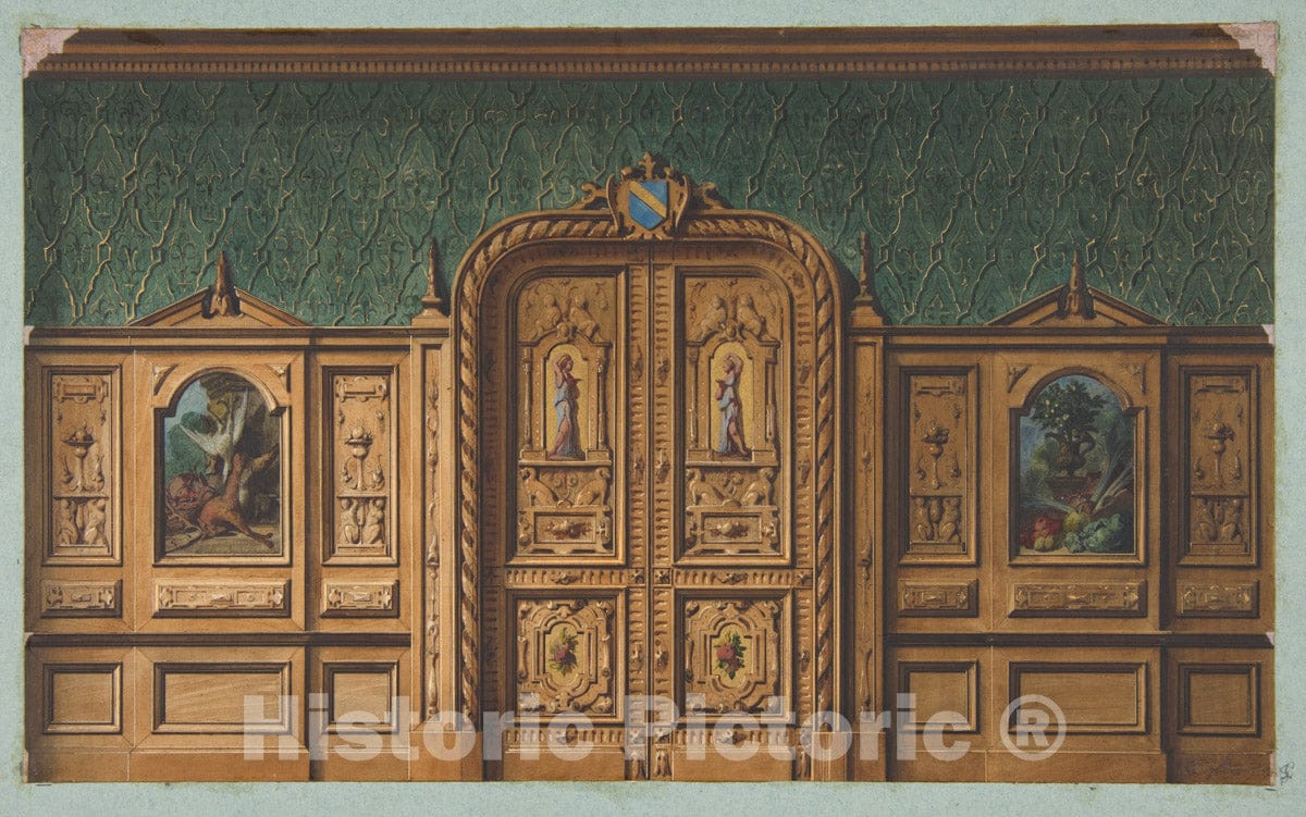 Art Print : Jules-Edmond-Charles Lachaise - Design for a Room with Wood Panels Inset with Paintings and a Heavily-Carved Double Door : Vintage Wall Art