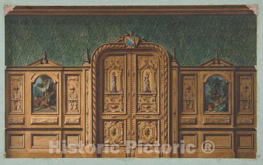 Art Print : Jules-Edmond-Charles Lachaise - Design for a Room with Wood Panels Inset with Paintings and a Heavily-Carved Double Door : Vintage Wall Art