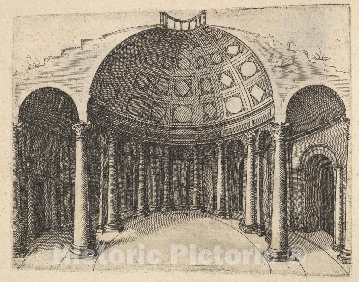Art Print : Lambert Suavius  - Cross-Section of Round Temple Pinaculu Termar : Vintage Wall Art