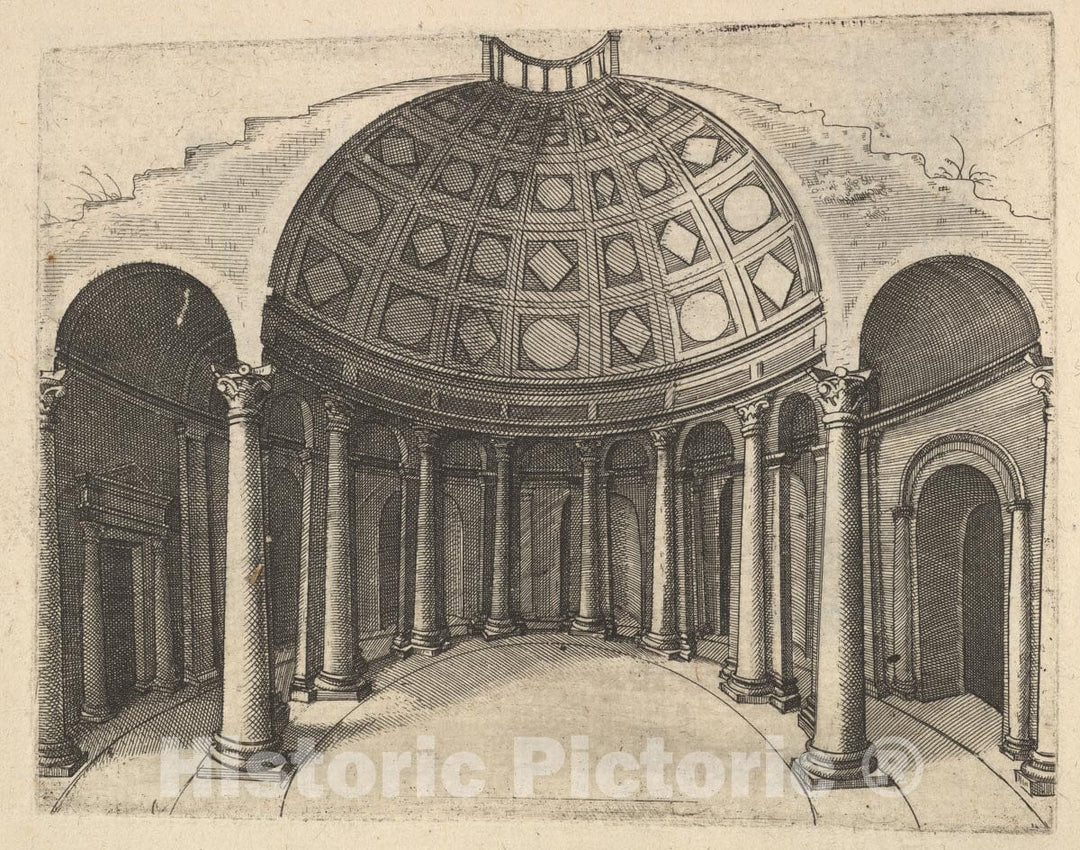 Art Print : Lambert Suavius  - Cross-Section of Round Temple Pinaculu Termar : Vintage Wall Art