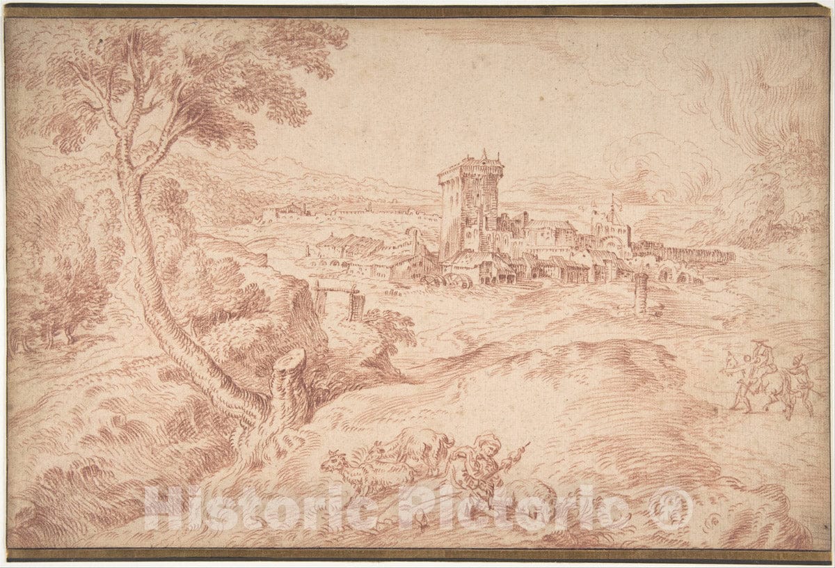 Art Print : Antoine Watteau - Landscape with an Old Woman Holding a Spindle, After Domenico Campagnola : Vintage Wall Art
