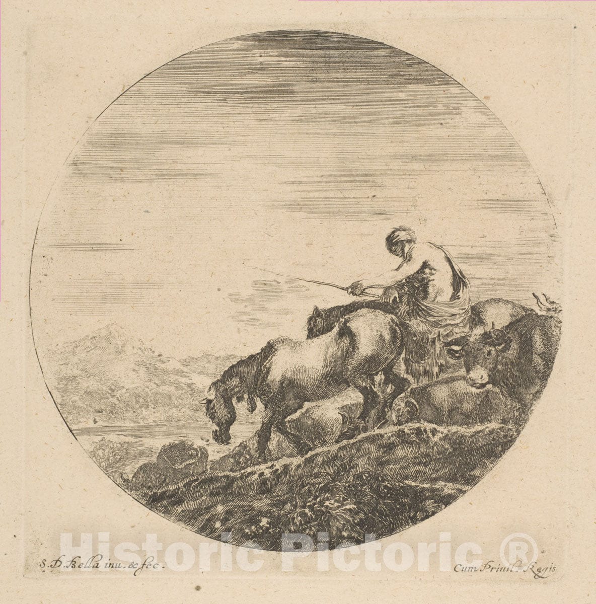 Art Print : Etched by Stefano Della Bella - Herdsman on Horseback Drives Animals : Vintage Wall Art