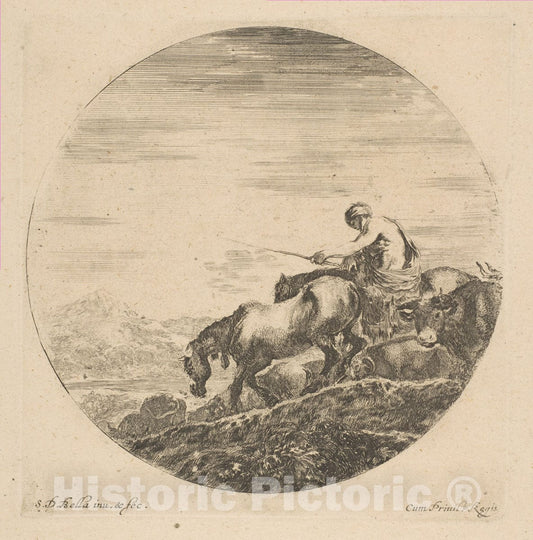 Art Print : Etched by Stefano Della Bella - Herdsman on Horseback Drives Animals : Vintage Wall Art