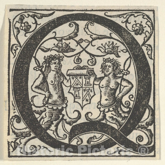 Art Print : Initial Letter Q with Coat of arms : Vintage Wall Art