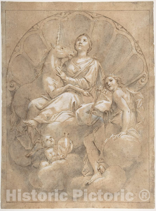 Art Print : Marcantonio Franceschini - Allegorical Figure of Purity with a Unicorn : Vintage Wall Art