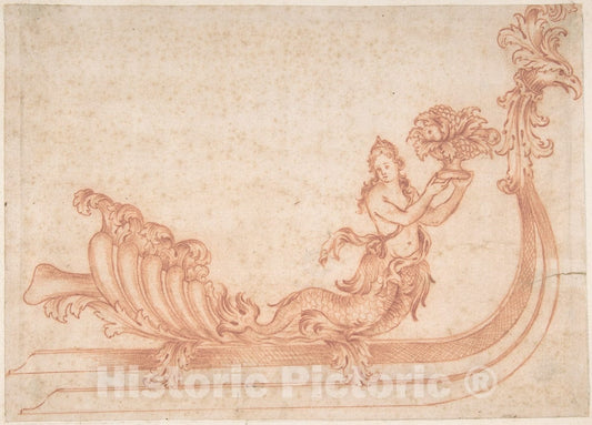 Art Print : German - Design for a Sleigh with a Mermaid Holding a Vessel with Fruit : Vintage Wall Art