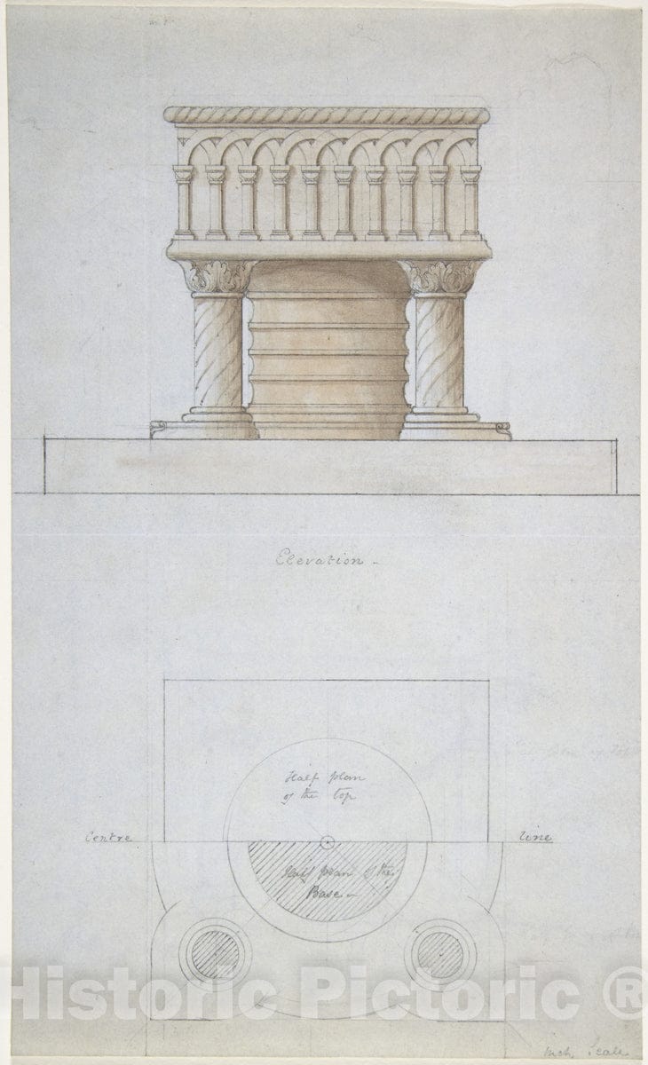 Art Print : British, 19th Century - One Font and Plan (Recto); Two Romanesque Style Fonts (Verso) : Vintage Wall Art
