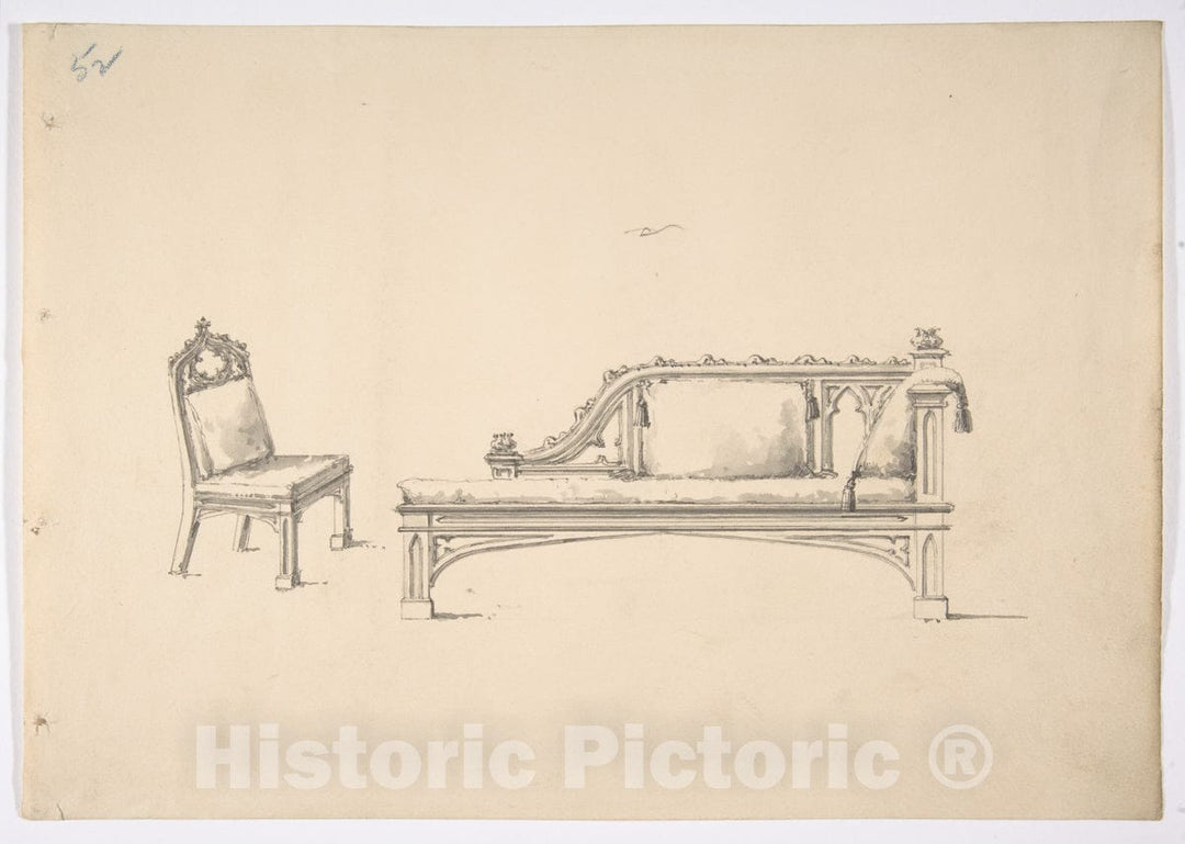 Art Print : British, 19th Century - Design for a One-Armed Gothic Style Sofa and Chair : Vintage Wall Art
