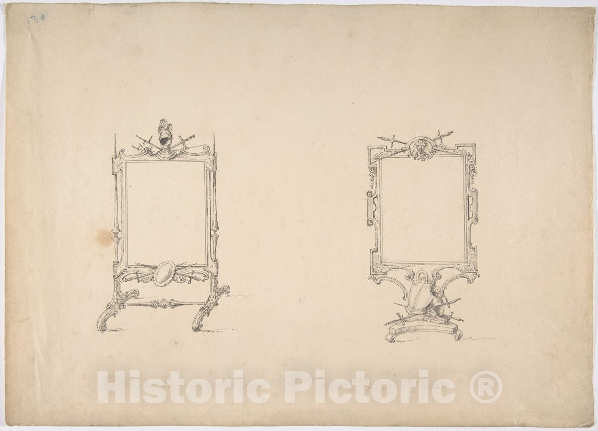 Art Print : British, 19th Century - Design for Two Tabletop Mirrors with Military Ornament : Vintage Wall Art