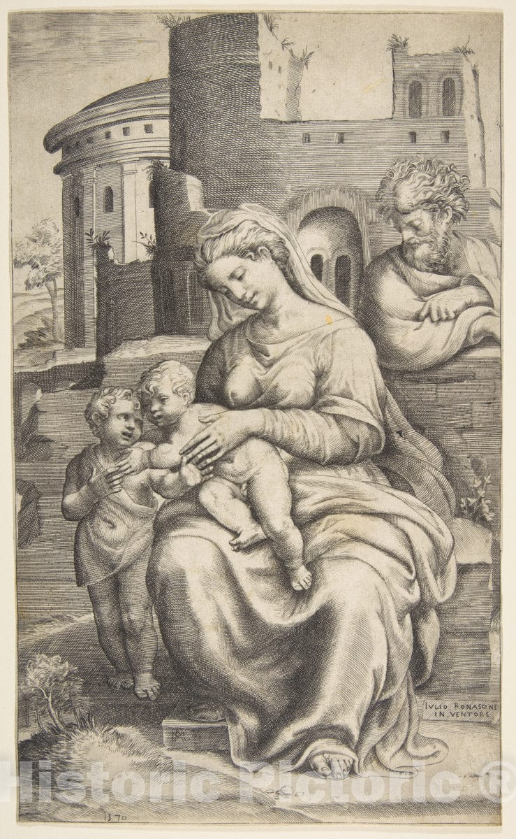 Art Print : Giulio Bonasone - The Holy Family with Saint John The Baptist : Vintage Wall Art