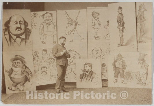 Art Print : Thomas Nast - Full-Length Portrait of Thomas Nast with a Group of Caricatures : Vintage Wall Art