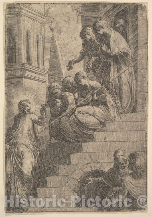 Art Print : Andrea Schiavone (Andrea Meldola) - Christ addressing a Group of Women Seated and Standing on Steps : Vintage Wall Art