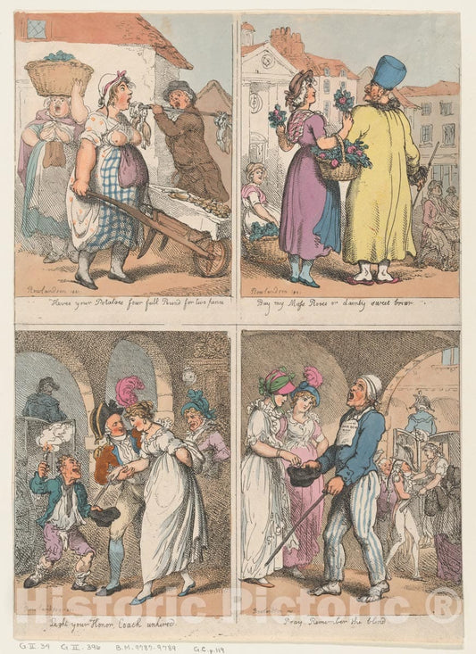 Art Print : Thomas Rowlandson - Four Scenes from Cries of London Series: Here's Your Potatoes