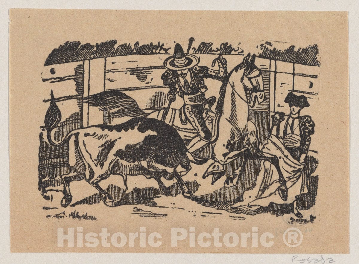 Art Print : José Guadalupe Posada - A Picador on Horseback stabbing a Bull : Vintage Wall Art