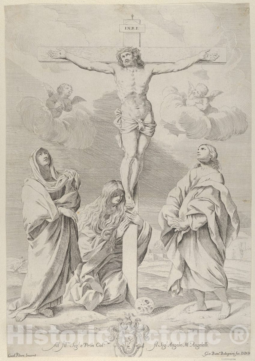 Art Print : Engraved by Gian Battista Bolognini - Christ on The Cross, Saint John The Baptist at Right, Mary Magdelene and The Virgin at Left, After Reni : Vintage Wall Art