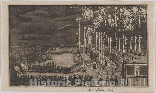 Art Print : Anonymous, German, 17th Century - Firework Display, Nuremberg 1649, Reduced Copy of 'Kurze Beschreibung dess kunstlichen Feuerwerkes .' : Vintage Wall Art
