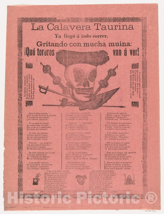 Art Print : José Guadalupe Posada - Broadsheet Relating to The Bullfighting Calavera who has Arrived at Full Speed, Screaming with Much Energy : Vintage Wall Art