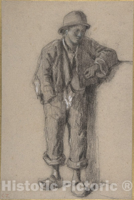 Art Print : Constant Troyon - A Standing Peasant Boy in Hat and Wooden Shoes : Vintage Wall Art