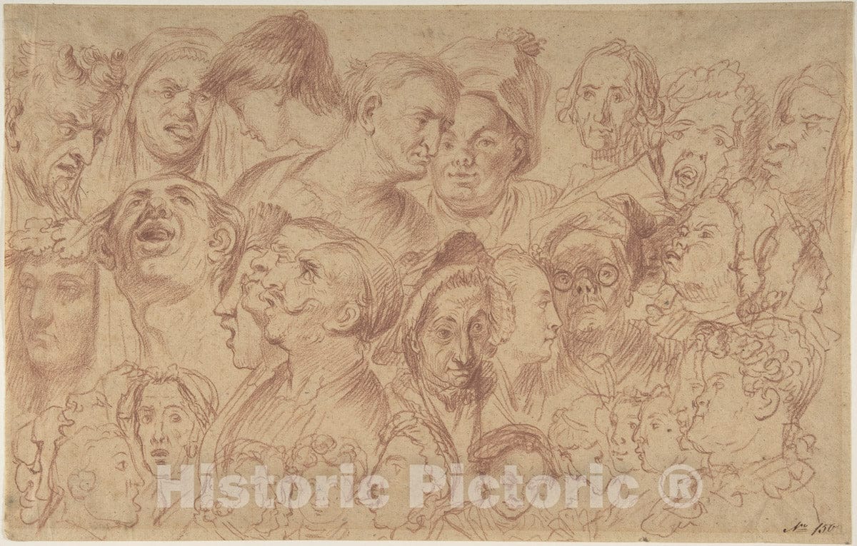 Art Print : After William Hogarth - Sheet of Studies of Heads : Vintage Wall Art