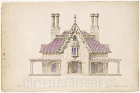 Art Print : Alexander Jackson Davis - House for William J. Rotch, New Bedford, Massachusetts (Front Elevation) : Vintage Wall Art