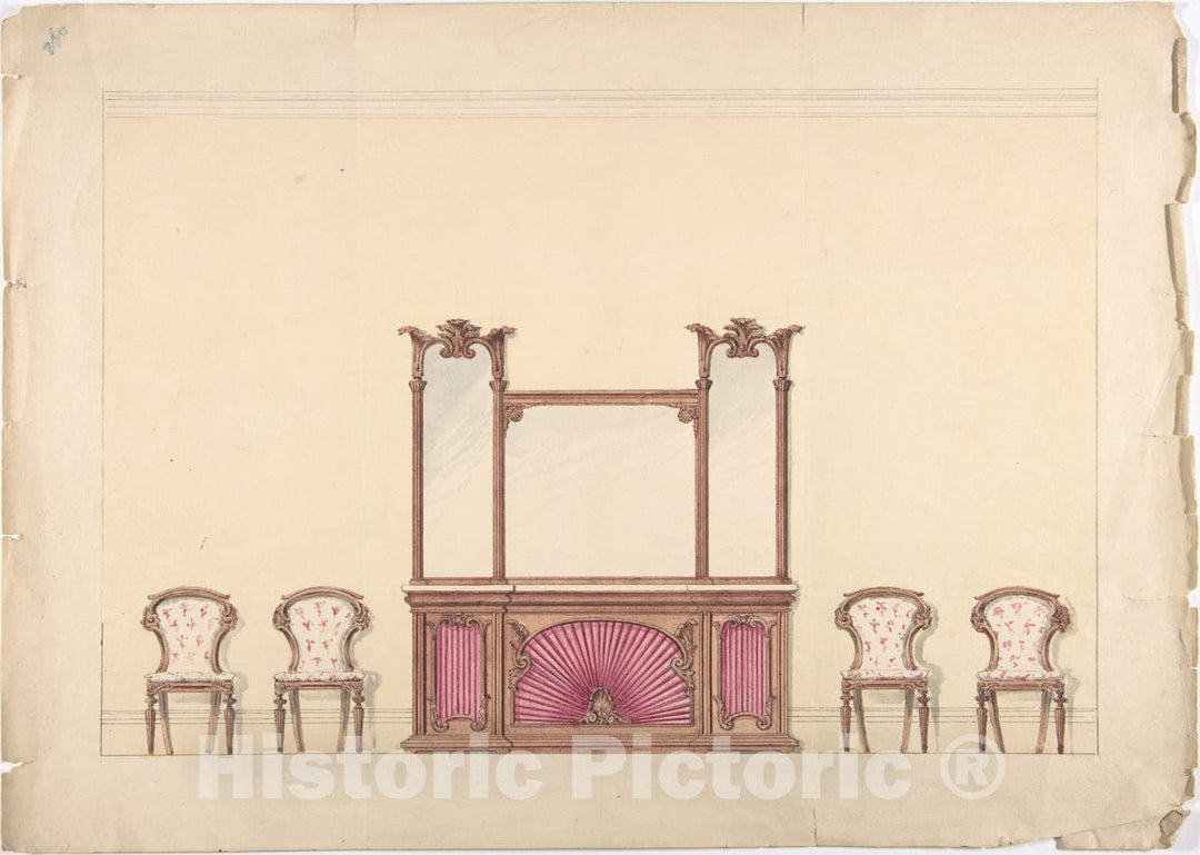 Art Print : British, 19th Century - Design for a Mirrored Cabinet and Four Chairs 2 : Vintage Wall Art