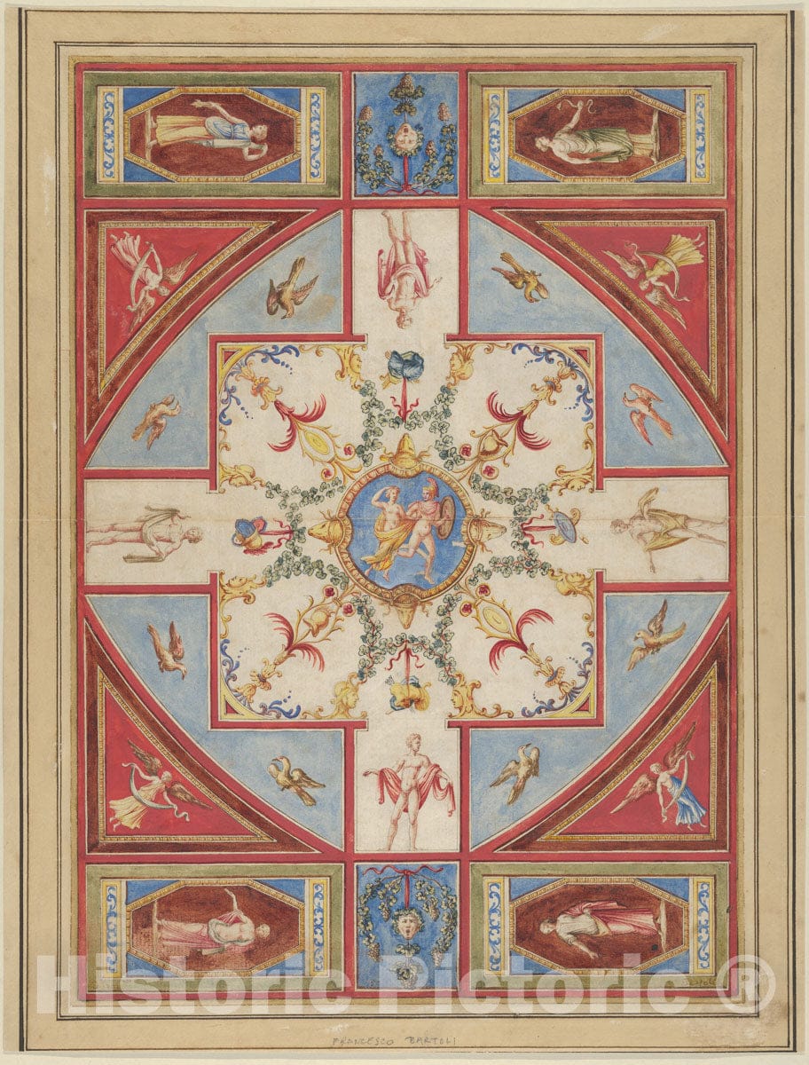 Art Print : Francesco Bartoli - Design for a Ceiling with Grotesque Decoration : Vintage Wall Art