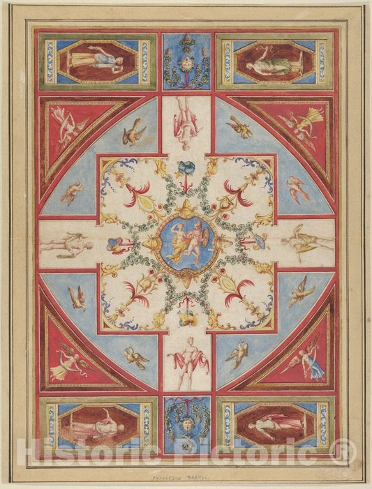 Art Print : Francesco Bartoli - Design for a Ceiling with Grotesque Decoration : Vintage Wall Art