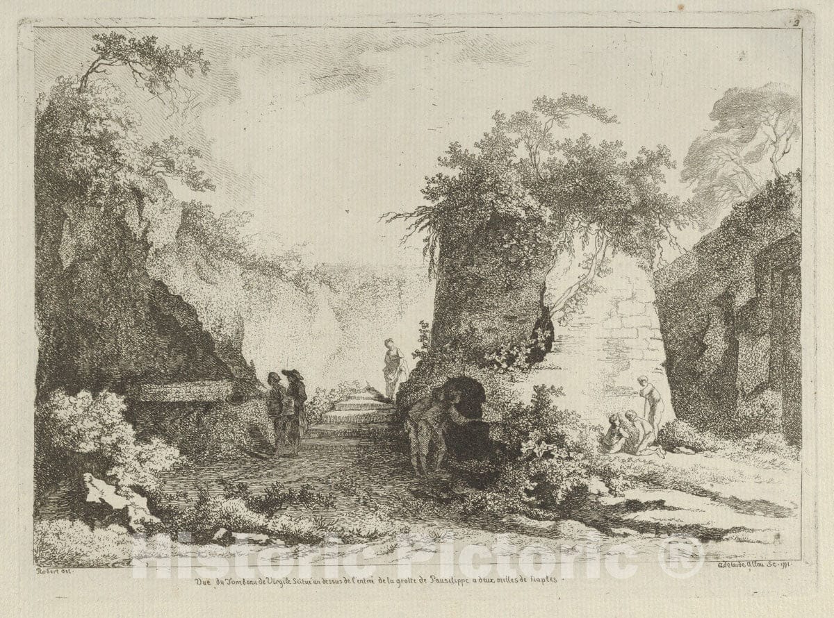 Art Print : Adélaide Allou - Vue du Tombeau de Virgile from Differentes vues dessiné d'après Nature. Dans les Environs de Rome et de Naples : Vintage Wall Art