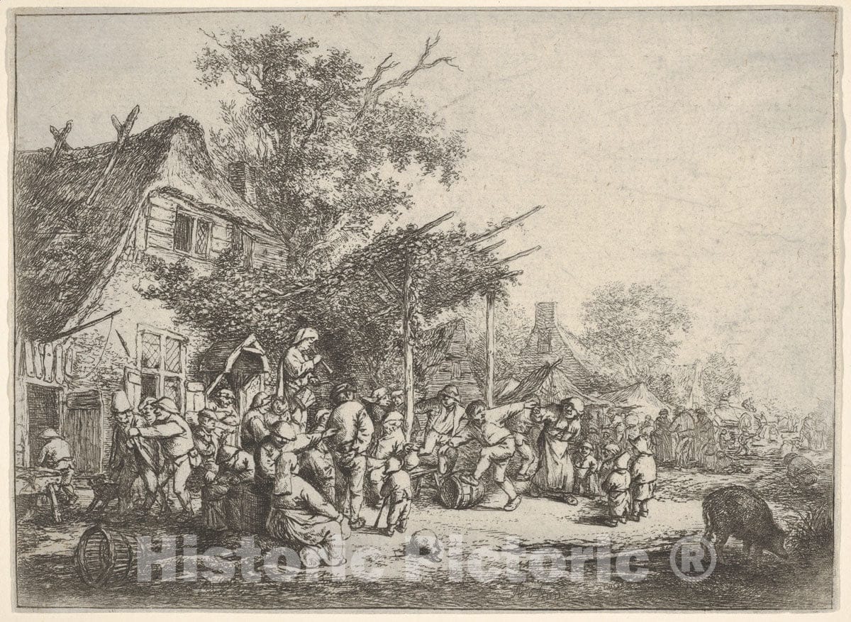 Art Print : A group of figures dancing under a trellis attached to a house - Artist: Adriaen van Ostade - Created: c1650 : Vintage Wall Art