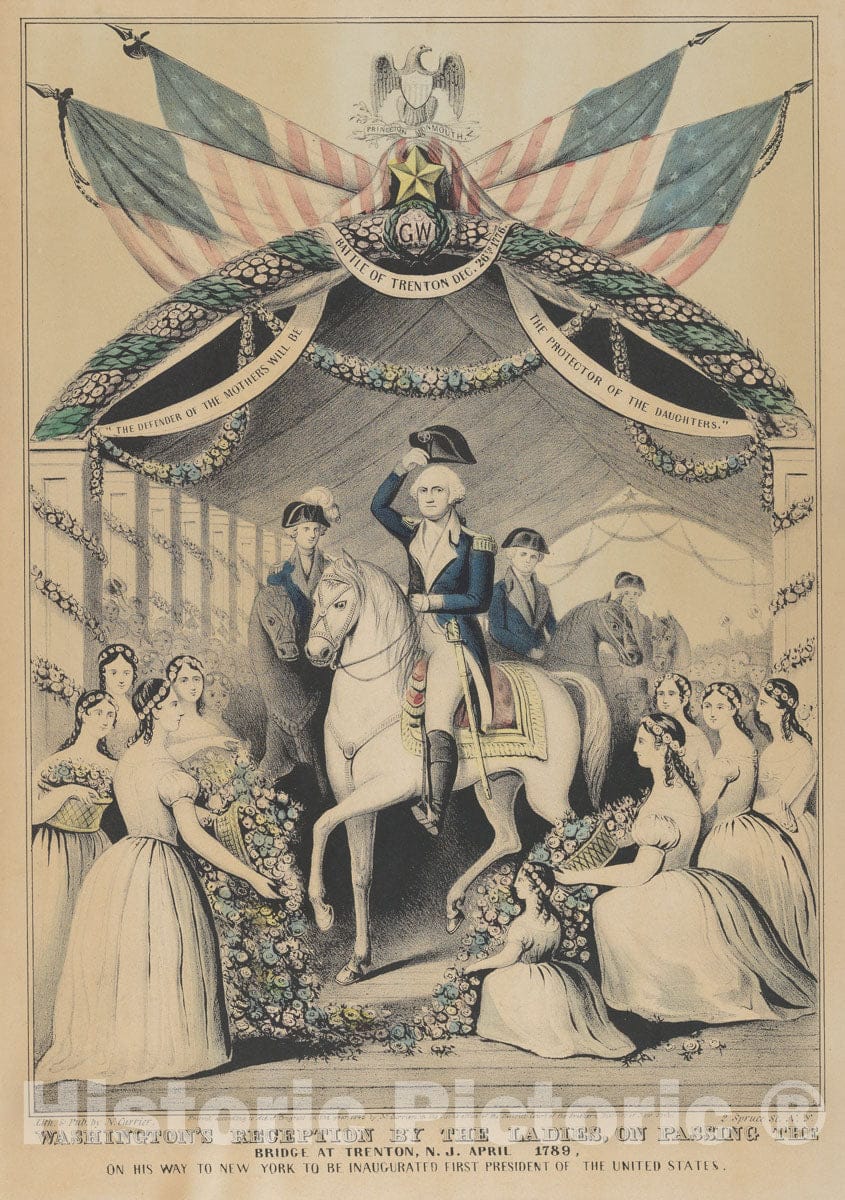 Art Print : Washington's Reception by the Ladies on Passing the Bridge at Trenton - Artist: Nathaniel Currier - Created: 1845 v.2 : Vintage Wall Art