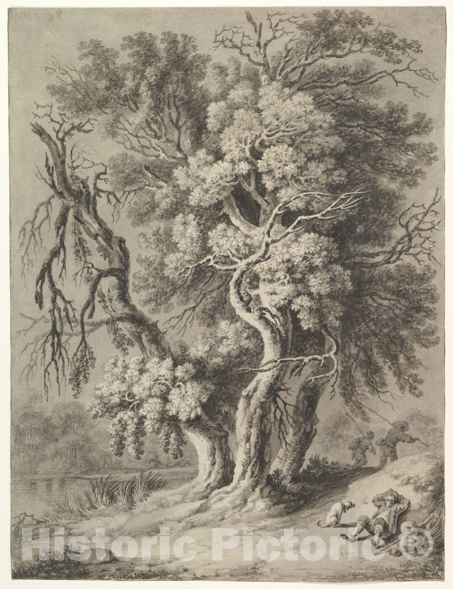 Art Print : Heinrich Theodor Wehle - Riverscape with Hikers and a Dog : Vintage Wall Art