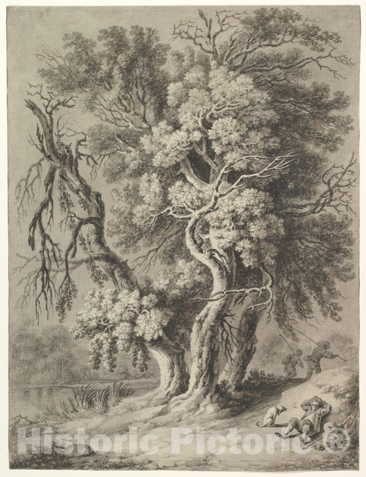 Art Print : Heinrich Theodor Wehle - Riverscape with Hikers and a Dog : Vintage Wall Art