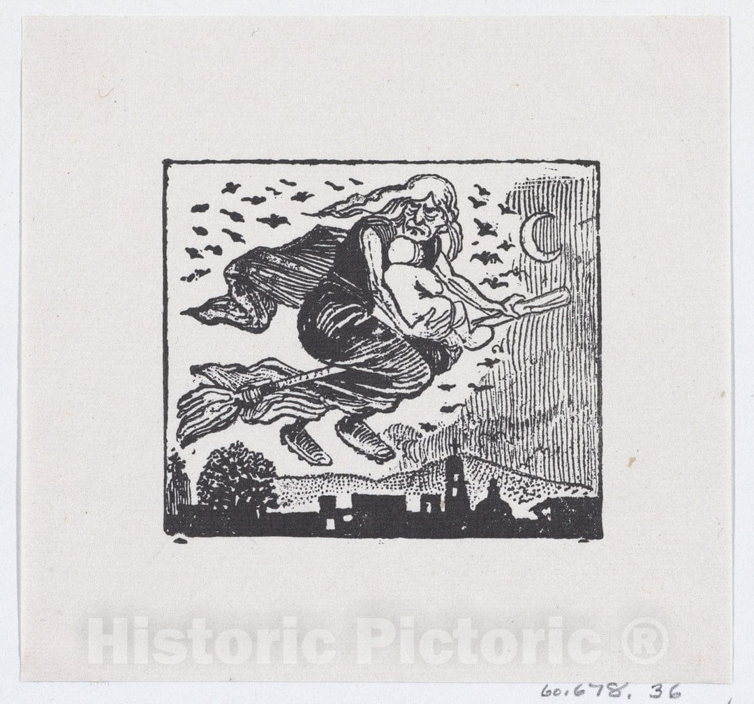 Art Print : José Guadalupe Posada - A Witch Carrying a Child on her Broom : Vintage Wall Art