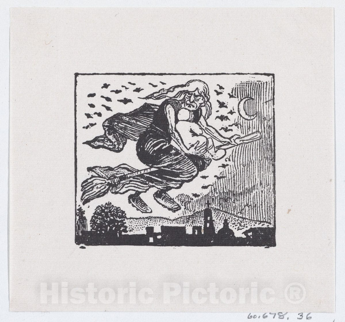 Art Print : José Guadalupe Posada - A Witch Carrying a Child on her Broom : Vintage Wall Art