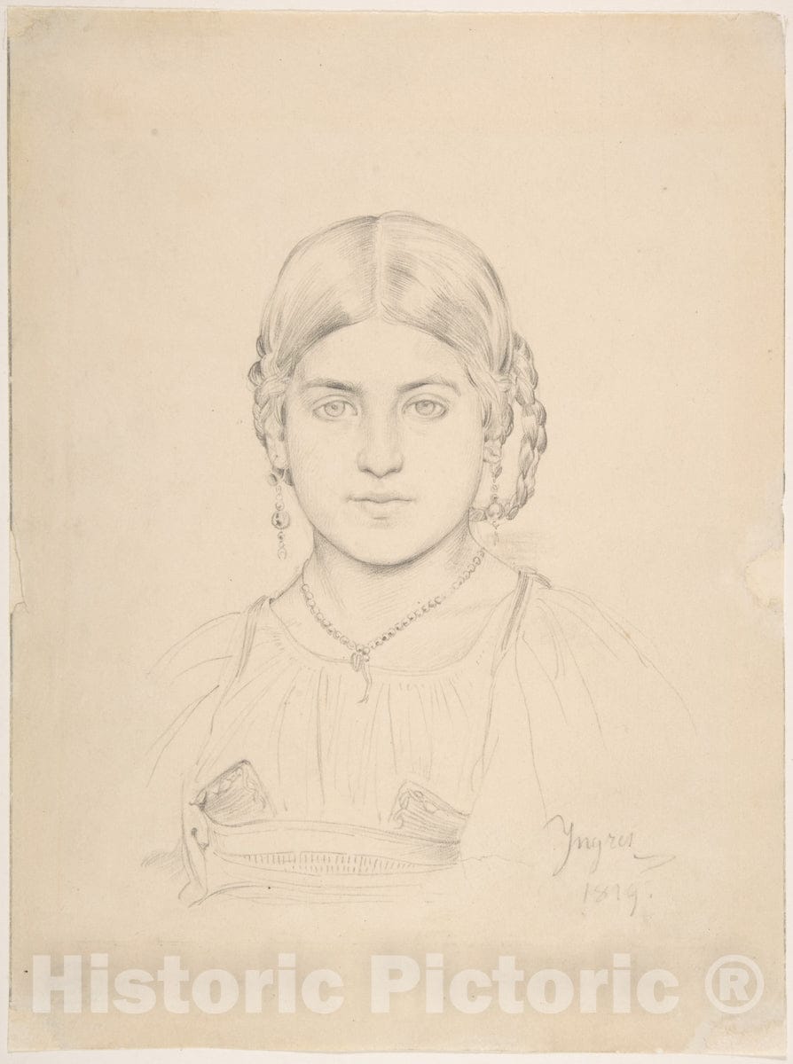 Art Print : Ascribed to Jean Auguste Dominique Ingres - Bust of a Gypsy Girl : Vintage Wall Art
