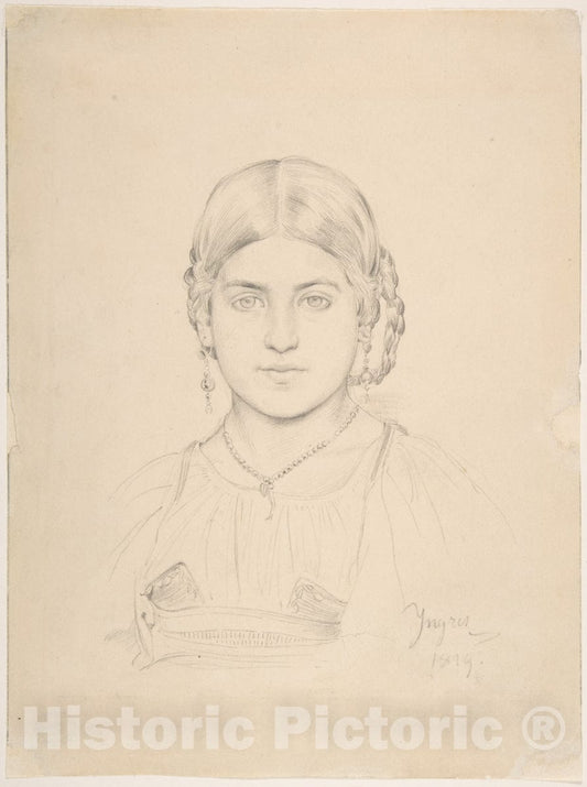 Art Print : Ascribed to Jean Auguste Dominique Ingres - Bust of a Gypsy Girl : Vintage Wall Art