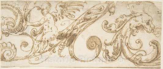 Art Print : Andrés de Melgar - Frieze Design with Acanthus Scrolls, Hybrid Creatures and a Winged Putto : Vintage Wall Art