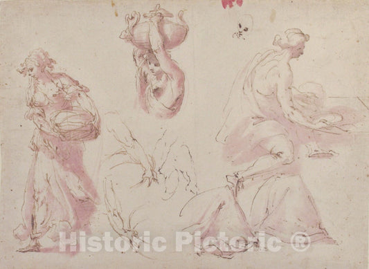 Art Print : Francesco Curia - Figure Studies: Woman Carrying a Basket; Woman Carrying a Vase, and Woman Seated at a Table : Vintage Wall Art
