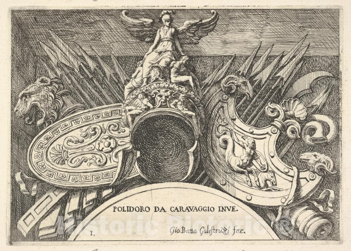 Art Print : Giovanni Battista Galestruzzi - Plate 1: Trophies of Roman arms from ations Above The Windows on The Second Floor of The Palazzo Milesi in Rome : Vintage Wall Art