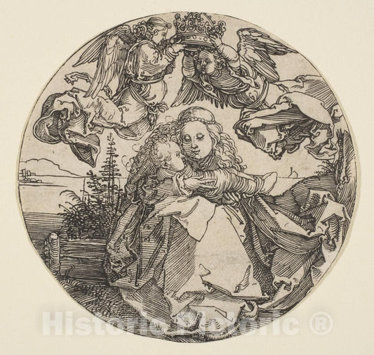 Art Print : Albrecht Dürer - The Virgin and Child Crowned by Two Angels Above a Landscape (Landscape Trimmed Out) : Vintage Wall Art
