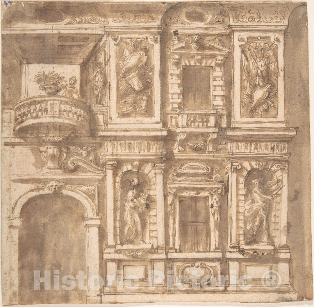 Art Print : Italian, 17th Century - Design for a Facade with Statues in Niches and Armorial Trophies : Vintage Wall Art