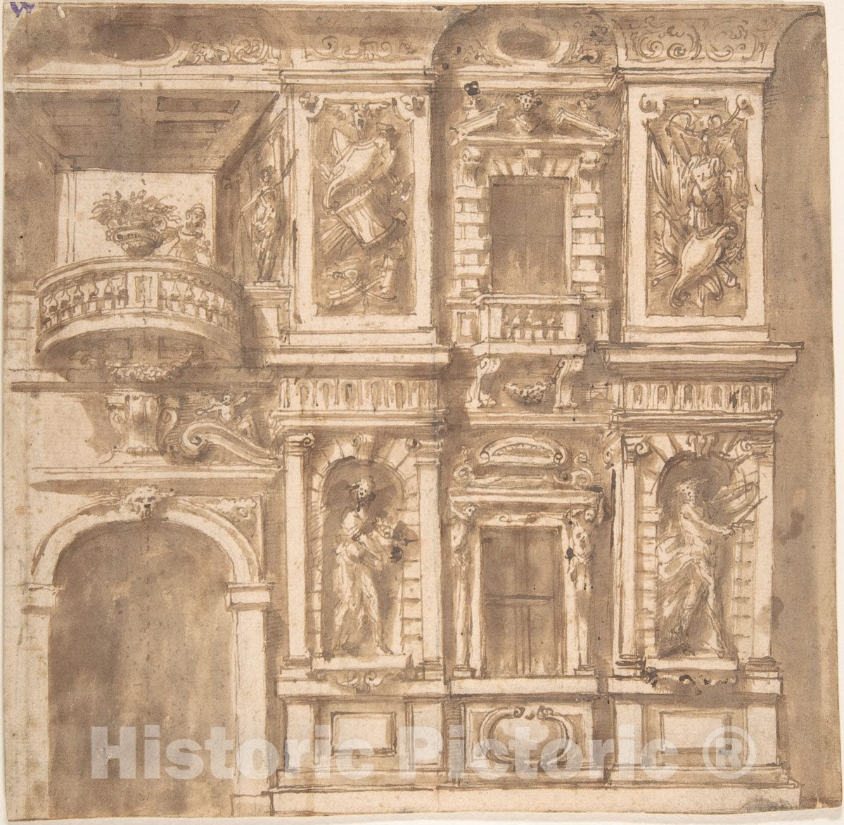 Art Print : Italian, 17th Century - Design for a Facade with Statues in Niches and Armorial Trophies : Vintage Wall Art