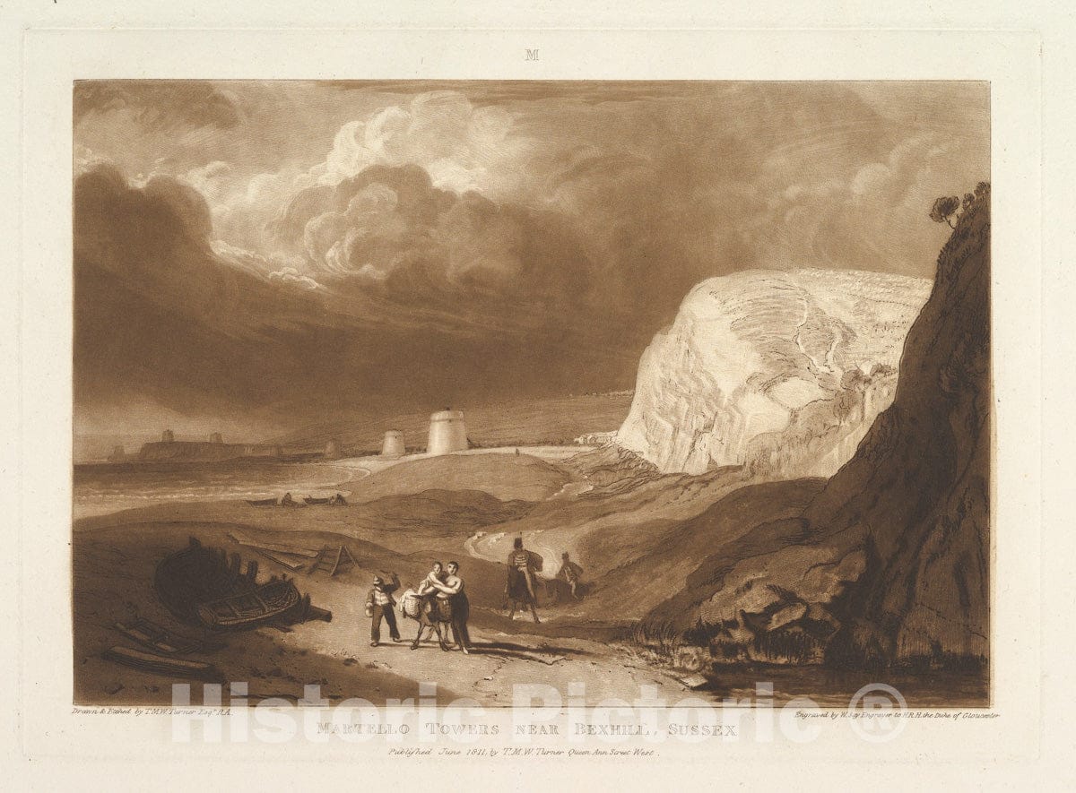 Art Print : Designed and Etched by Joseph Mallord William Turner - Martello Towers Near Bexhill, Sussex (Liber Studiorum, Part VII, Plate 34) : Vintage Wall Art