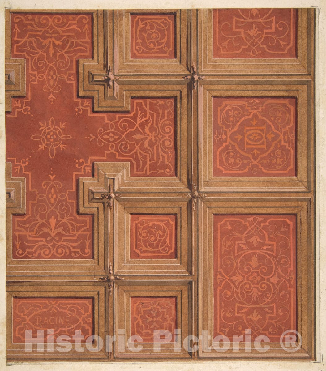 Art Print : Jules-Edmond-Charles Lachaise - Design for The Decoration of a coffered Ceiling Ornamented with The Name Racine and Entwined Letters: DD : Vintage Wall Art