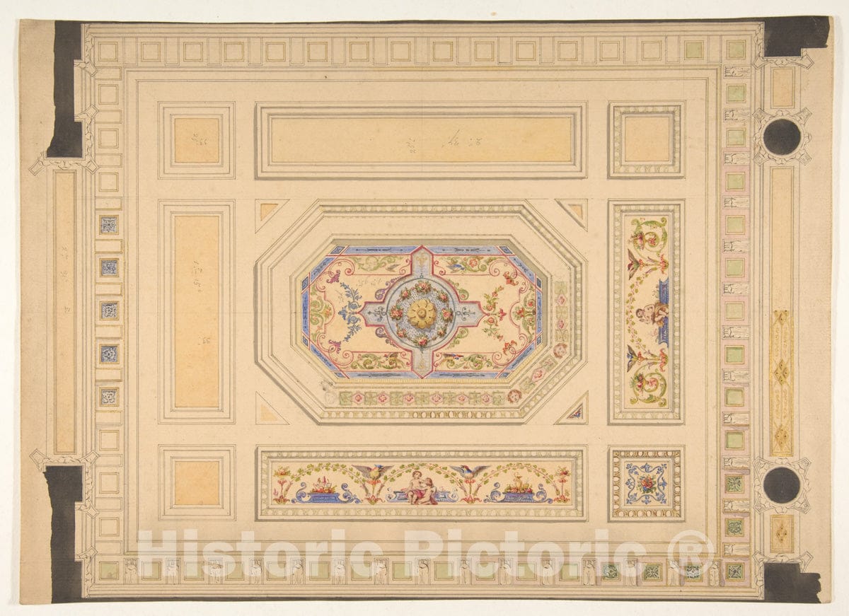 Art Print : Jules-Edmond-Charles Lachaise - Design for a Paneled Ceiling Painted with putti, Birds, and Floral Motifs : Vintage Wall Art