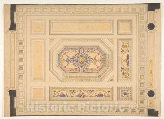 Art Print : Jules-Edmond-Charles Lachaise - Design for a Paneled Ceiling Painted with putti, Birds, and Floral Motifs : Vintage Wall Art