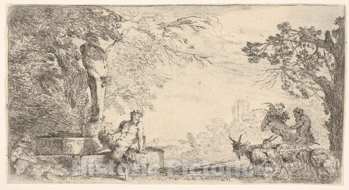 Art Print : Giovanni Benedetto Castiglione (Il Grechetto) - A Satyr Reclining at The Foot of a staute of Priapus, Goats at The Right 2 : Vintage Wall Art