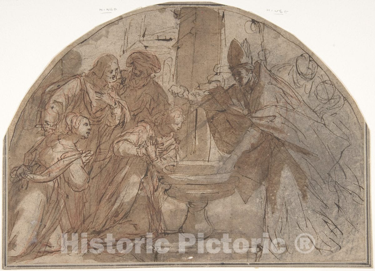 Art Print : Italian, Roman-Bolognese, 17th Century - Scene of a Baptism of a Woman by a Bishop with Onlookers : Vintage Wall Art