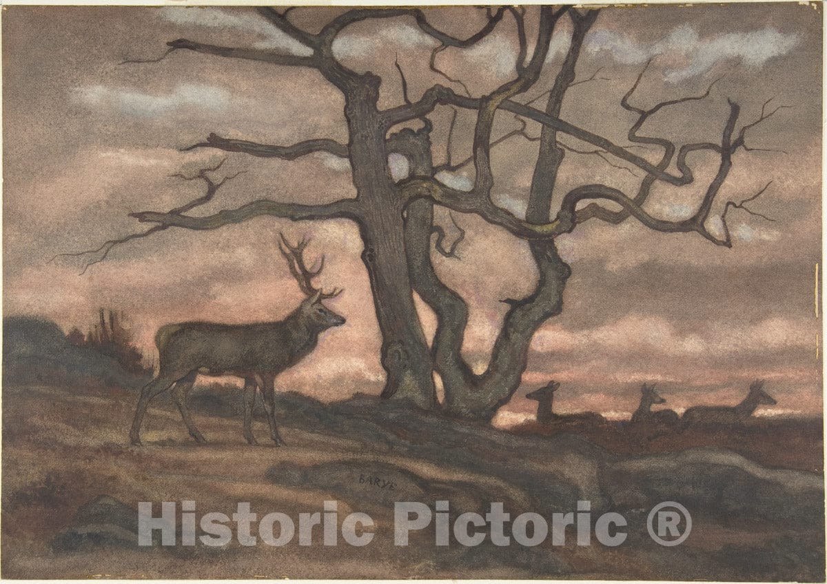 Art Print : Antoine-Louis Barye - Deer and Tree Against Sunset : Vintage Wall Art